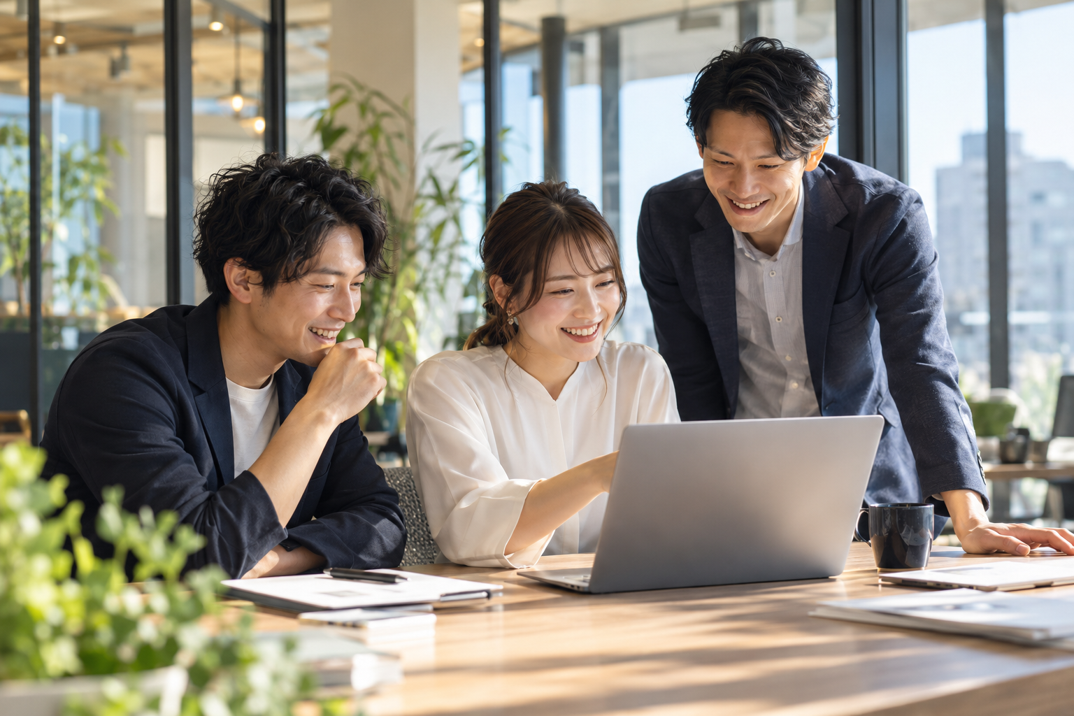 オフィスでパソコンを囲み、笑顔で話す企業のメンバーのイメージ